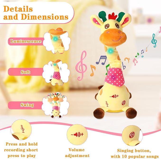 Dancing Talking Giraffe Toy, Stuffed Animal Baby Toy Repeating What You Say, Glowing Musical Giraffe Gifts for Toddlers 1-3 Years Old, for Kids (Giraffe)