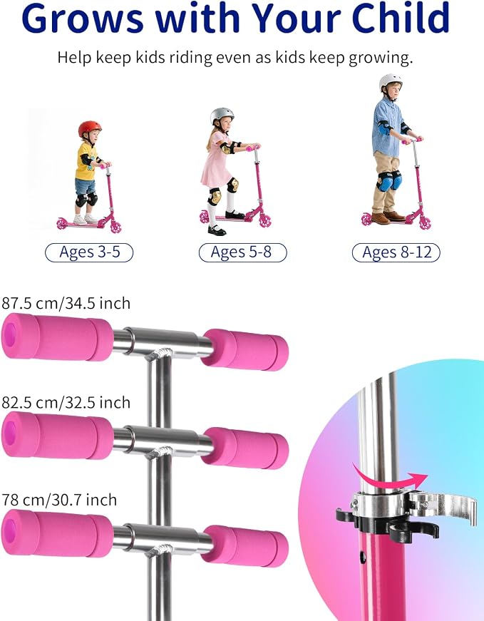 BELEEV V1 Scooters for Kids, 2 Wheel Folding Kick Scooter for Girls Boys, 3 Adjustable Height, Light Up Wheels, Lightweight Scooter with Sturdy Frame, Kickstand for Children 3 to 12 Years Old