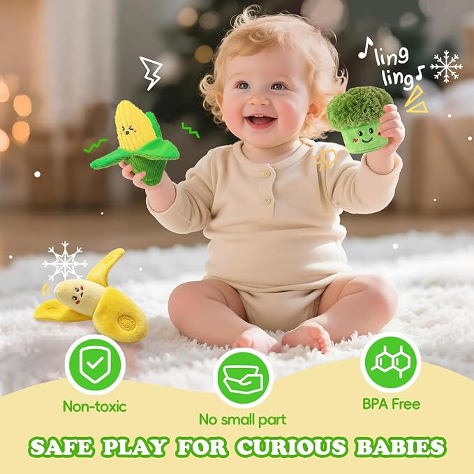 SAIMAND Baby Toys 6–12 Months, 16PCS My First Fruit Vegetable Sensory Toys for Babies Infants, Color Sorting Play Food with Crinkle & Rattle, Montessori Toys for 1 Year Old Toddlers Boys Girls