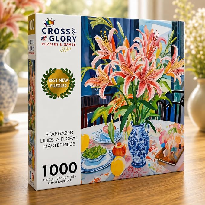 Cross & Glory - Stargazer Lilies: A Floral Masterpiece - 1000 Piece Jigsaw Puzzle for Adults | Best New Floral Artwork Puzzle | Unique Brain Teaser