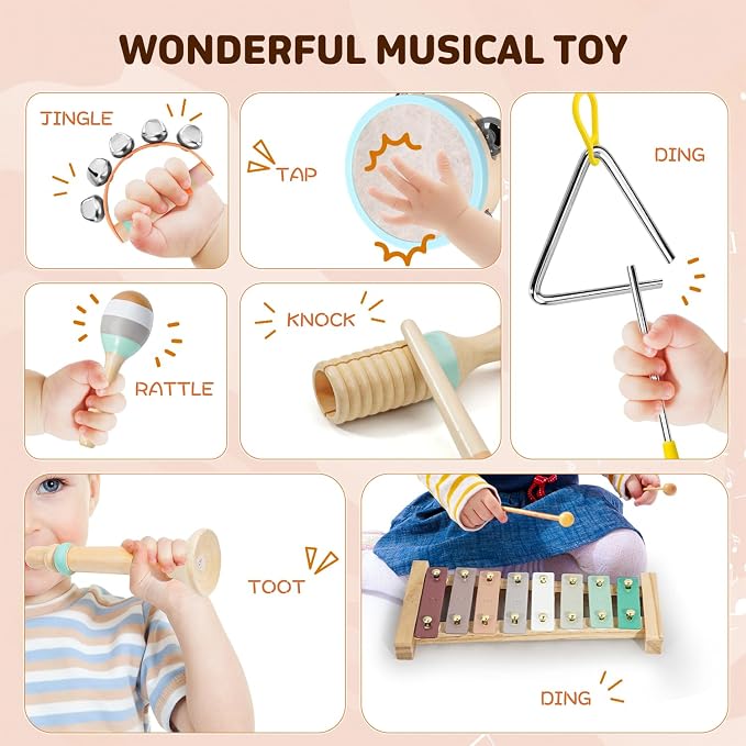 LeeQee Montessori Toys for Boys and Girls - Wooden Toys Baby Musical Instruments, Neutral Colors Percussion Instruments Set with Modern Boho Xylophone for Toddlers 3+ Music Education
