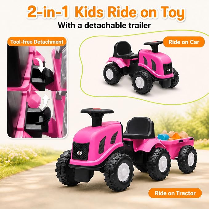 Kids Ride on Tractor, 2 in 1 Foot to Floor Push Car w/Detachable Trailer, Horn, Rake & Shovel, No Power Sliding Toy Gift for Toddlers, Outdoor Ride on Construction Vehicle (Pink)