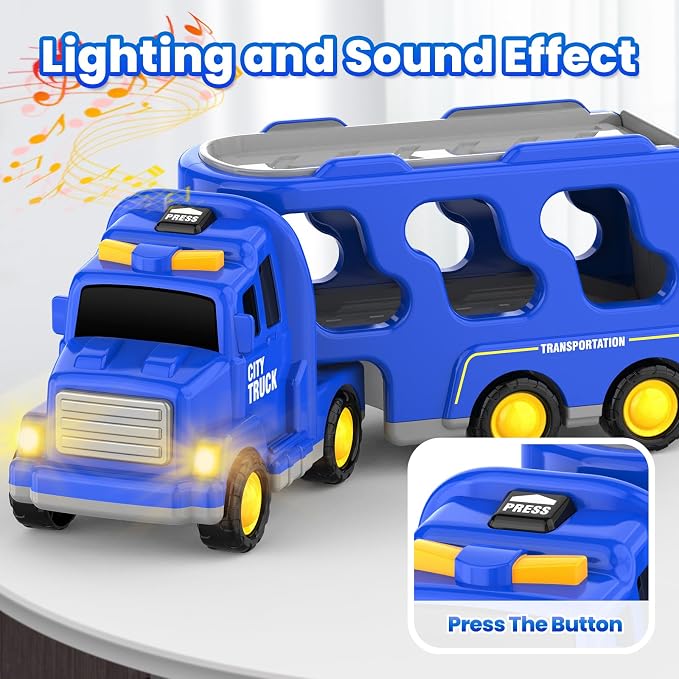FunMission Toddlers City Truck Toys for Kids 3-9 Year Old，5 in 1 Friction Power Vehicle Car for 3 4 5 6 7 Years Old Boys Girls，Carrier Truck Transport Toys for Christmas and Birthday Gifts