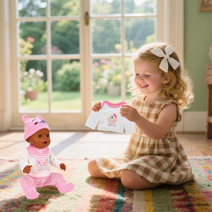 5 PCS Baby Doll Clothes 14-16 Inch Baby Doll Elephant Pattern Outfit Accessories for Sweet Baby Dolls Clothing with Pink Hat, Top Pants Socks