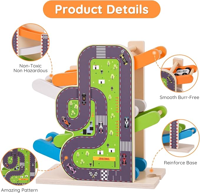 Busy edition Car Ramp Toys for 1 Year Old Boy Gifts, Montessori Toys for 1 Year Old, Wooden Race Car Track for Toddlers 1-3, Toy Cars Ramp with 4 Mini Cars & Parking Lots, 1st Birthday Gifts Boy