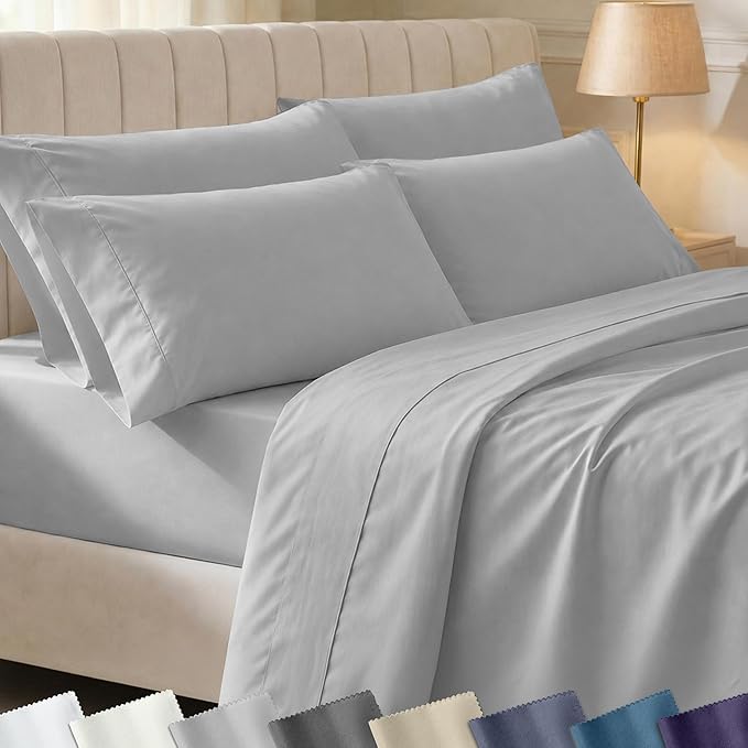 California Design Den 6-Pc King Size Sheet Set with 4 Pillowcases - Soft 400 Thread Count 100% Cotton Sheets, Sateen Weave, Deep Pocket Bedsheets Set - Light Grey