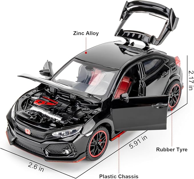 1:32 Scale Civic Type R Model Car，Toy Vehicle with Sound & Light, Pull Back Function & Openable Doors - Premium Diecast Collectible with Realistic Details Black