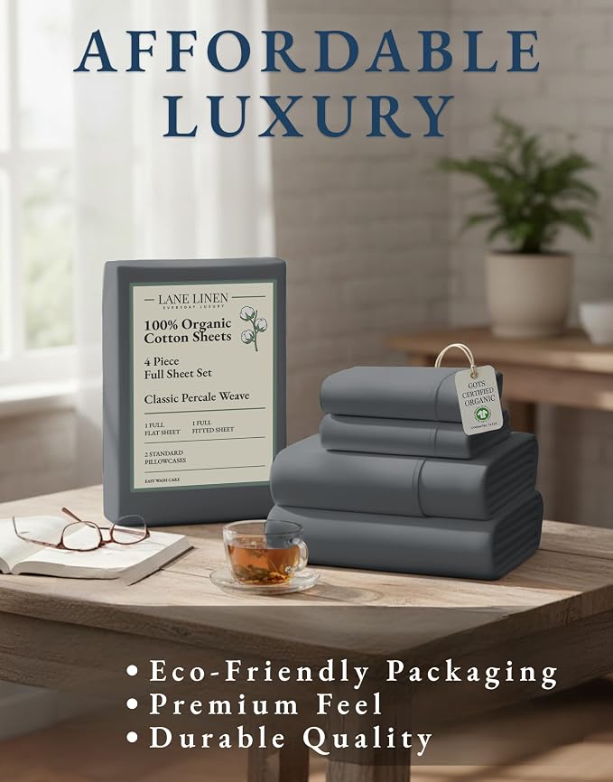 LANE LINEN Full Sheet Set 100% Organic Cotton Cooling Soft 4pc - Charcoal | GOTS Certified Organic Cotton Percale Full Sheet Set - Naturally Cooling & Lightweight, Cool All Summer, Cozy All Winter
