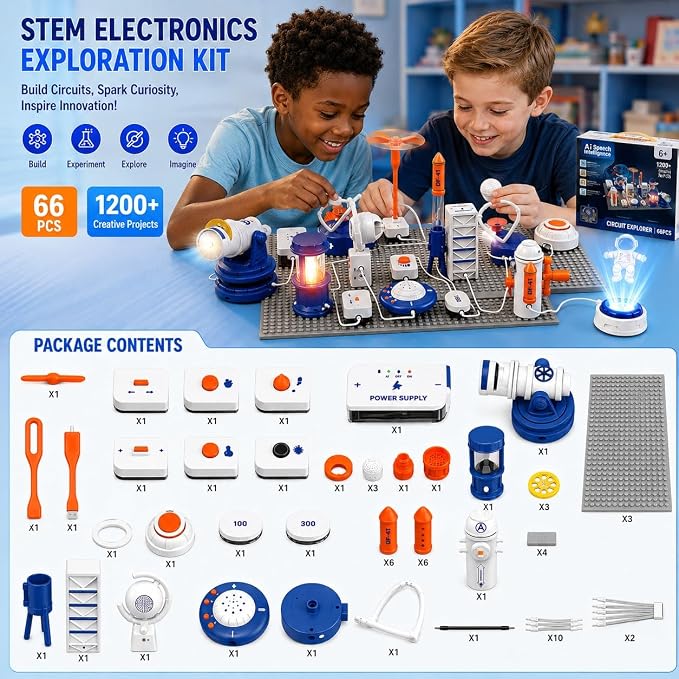 STEM Circuit Kit for Kids Ages 6+, 66PCS Electronics Exploration Kit with 1200+ Creative Projects for Home & School Learning, Educational Physics Science Toy Gift for Boys Girls