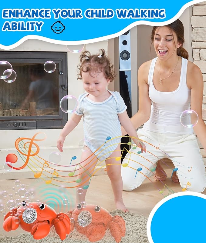 360° Crawling Crab Bubble Macine, Obstacle Avoidance, Music & LED Light | USB-C Rechargeable Tummy Time Toy, 3 Separate Buttons Control Bubbles, Movement & Music, Gift for 3+ Toddlers, Boys, Girls