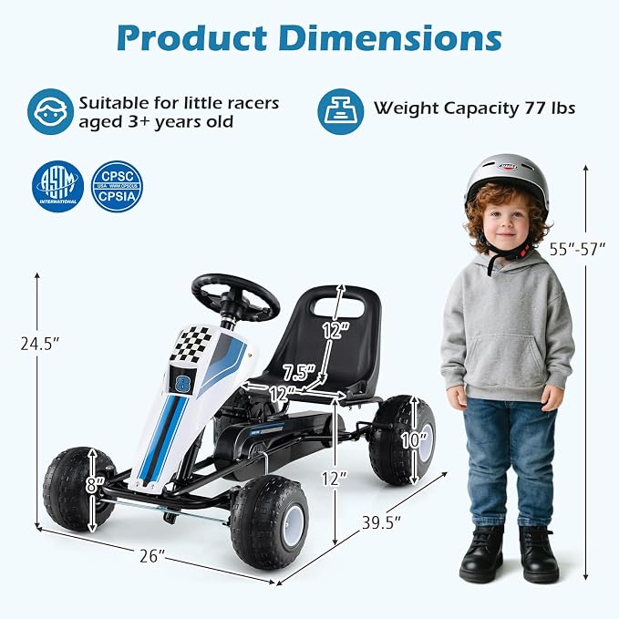 Costzon Pedal Go Kart, 4 Wheel Ride on Toy Pedal Car with Adjustable Seat, Handbrake, Free-Wheel & Pedal Modes, Outdoor Bicycle Go Cart with Wear-Resistant Wheels, Gift for Boys and Girls (White)