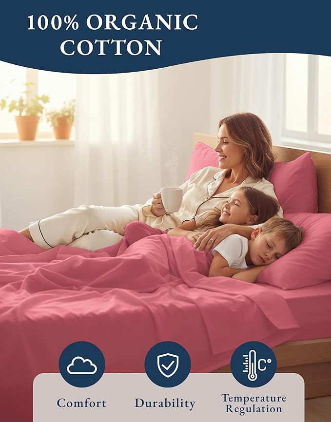 LANE LINEN Twin XL Sheets 100% Organic Cotton Cooling Soft - Mineral Red | Organic Cotton Percale Twin XL Sheet Set - For Hot Sleepers, All-Season Comfort, For Dorms & Adjustable Beds