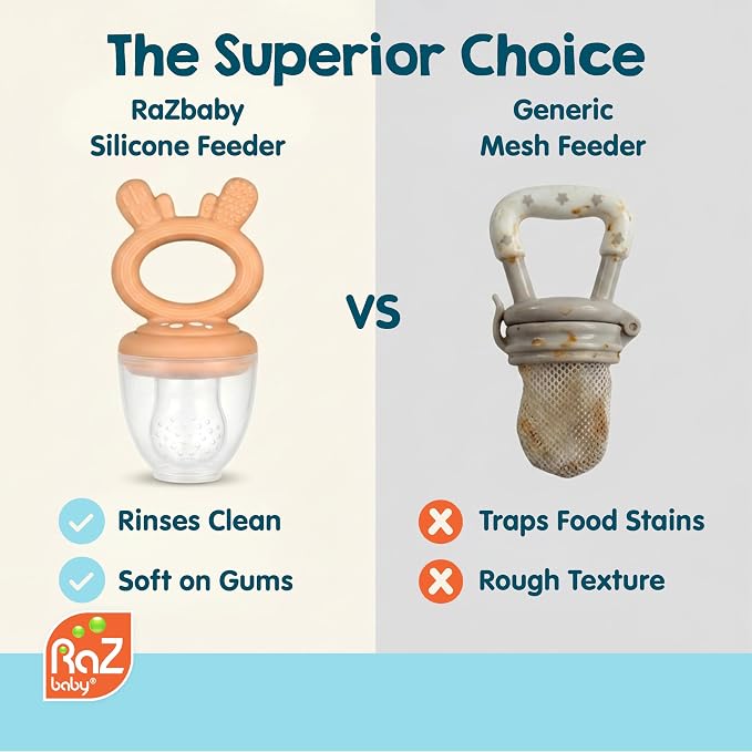 RaZbaby Baby Solids & Frozen Fruit Feeder Pacifier, Infant Teether Toy 6M+, BPA-Free Silicone Pouch & Nipple, Safely Introduce Solids, Natural Teething Relief, Dishwasher Safe, Freezable – Deer