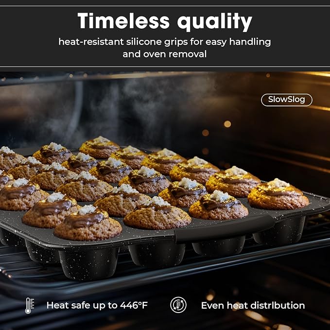 11-Piece Nonstick Baking Pan Set, Stackable Bakeware Sets, Oven Pans for Baking with Silicone Handles, Includes Cookie Sheet, Cake Pans, Loaf Pan, Pizza Pan, Muffin Pan, Black