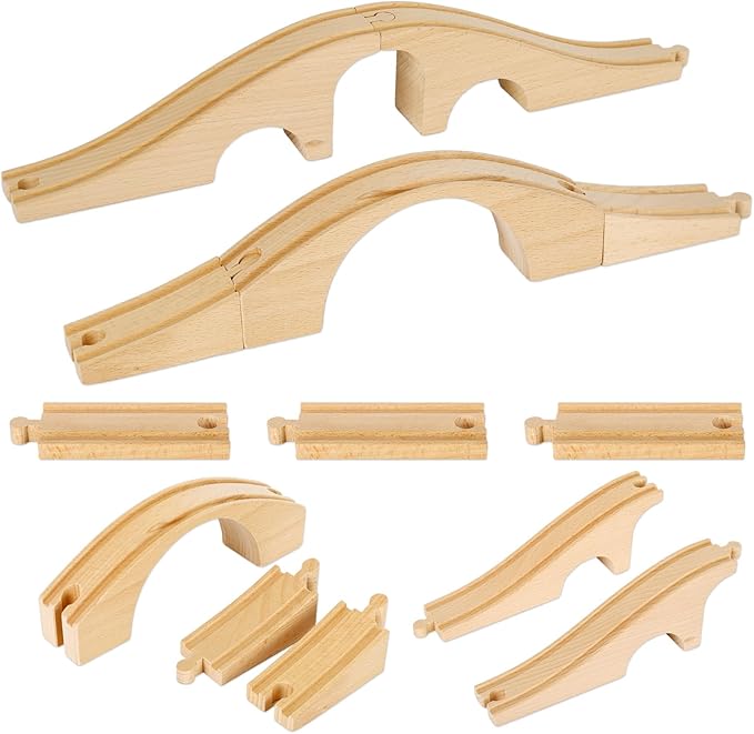 JarThenaAMCS 8 Pcs Wood Train Track Expansion Set Wooden Train Bridges Straight Wooden Train Track Accessories for Most Major Toy Train Tracks Railway