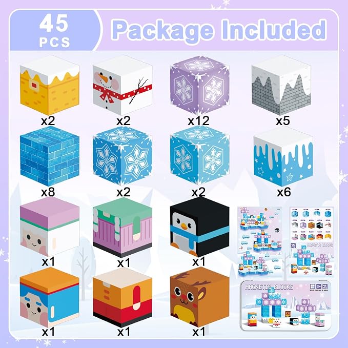 QOUBAI 45PCS Mini Magnetic Blocks Travel Toys, Magnet Building Cubes Tiles Set with Portable Iron Case, Learning Activities Gifts for Kids Toddlers Boys & Girls Ages 3-8 (Ice World)
