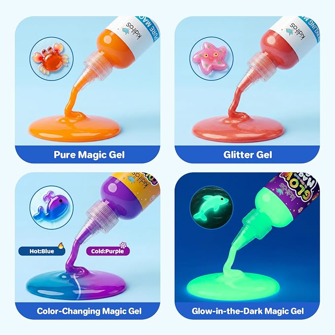 Kiditos Magic Water Elf Toy Kit – Squishies for Kids, 20 Gels & 10 Molds, Magic Gel Water Pets Sensory DIY Craft Kit, Party Favors & Summer Gifts for Kids Ages 3+