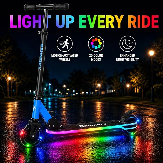 Rahmory Kick Scooter for Ages 5-12,Kid, Teens. Max Load 155 LBS. Foldable, Lightweight, with Light up Wheels and Dynamic Light Deck, Teen and Adults, 3 Adjustable Levels.