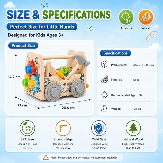 Kids Tool Set Toy, Wooden Building Tools Set with Hammer, Saw, Screwdriver, Gears, Montessori STEM Educational Construction Toy, Pretend Play Repair Tools for 3+ Year Old Boys & Girls, Birthday Gift