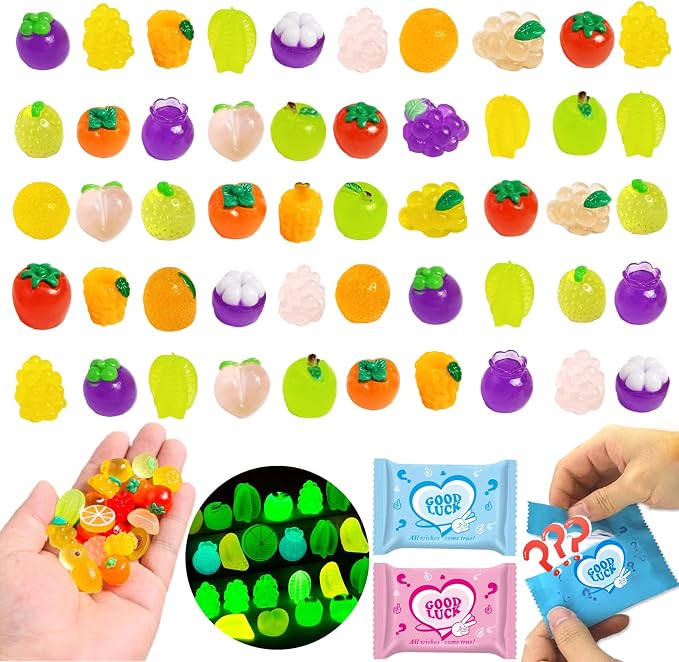 50 Pcs Glow in the Dark Mini Fruit Figurines Blind Bag Set – Resin Luminous Fruits for DIY Crafts, Fairy Garden Accessories, Dollhouse Decor, Mystery Bag Party Favors, Surprise Gift Set