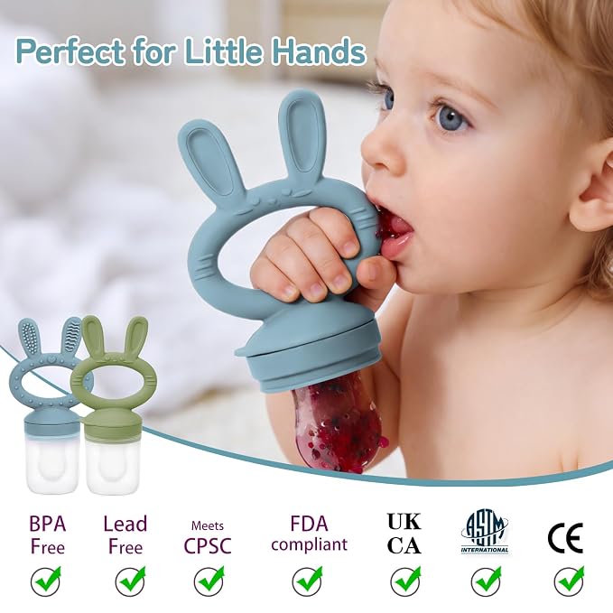 Baby Fruit Feeder Pacifier 2 Pack, Cute Bunny Silicone Food Feeder for Babies 4M+, BPA-Free Infant Teether for Fresh Fruit, Puree & Frozen Breastmilk, 4 Pouches