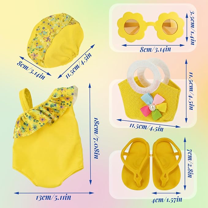 Kajaia 8 Pcs Butter Yellow 18 Inch Doll Clothes and Accessories Doll Swimsuit Dress Flip Flop Hat Outfit Swimsuit Accessories