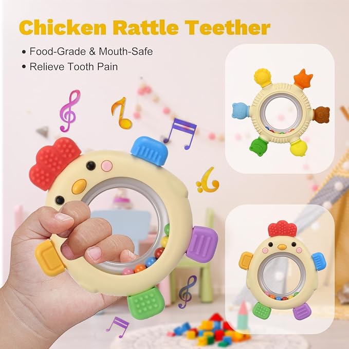 Sensory Toys for Babies, 2 Pack Baby Teething Rings Toys for 0-3 3 6-12 Months Baby Rattle Teether Silicone Teether Relief Chew Soothing,BPA Free,Sore Gums Babys Teethers Toys