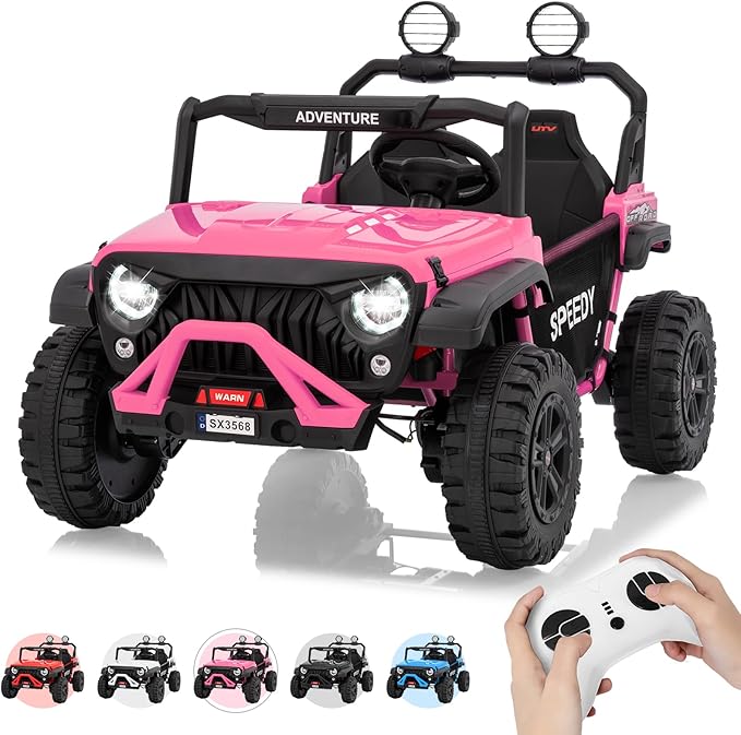 2 Seater Ride on Car for Kids, 24V Ride on Toy, Fast 4.97MPH Truck, 4WD Kids Electric Vehicles with Remote Control, Spring Suspension, Front & Behind LED Lights, Dual Storage, 3 Speeds, Music, Pink