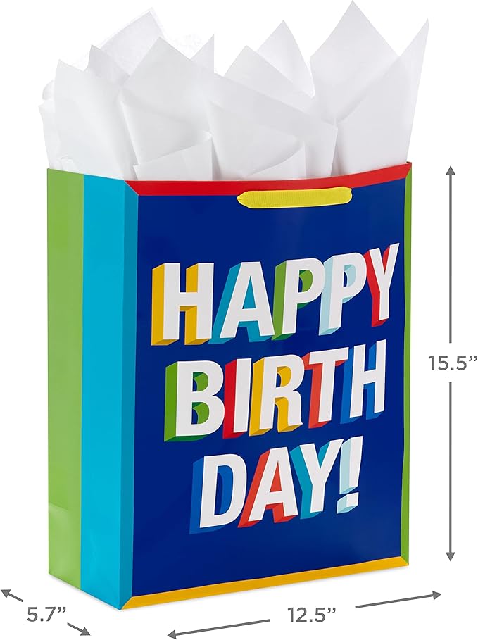 Hallmark 15" Extra Large Birthday Gift Bag with Tissue Paper (Happy Birthday, Red, Blue, Yellow, Green) for Kids, Teachers, Coworkers, Friends