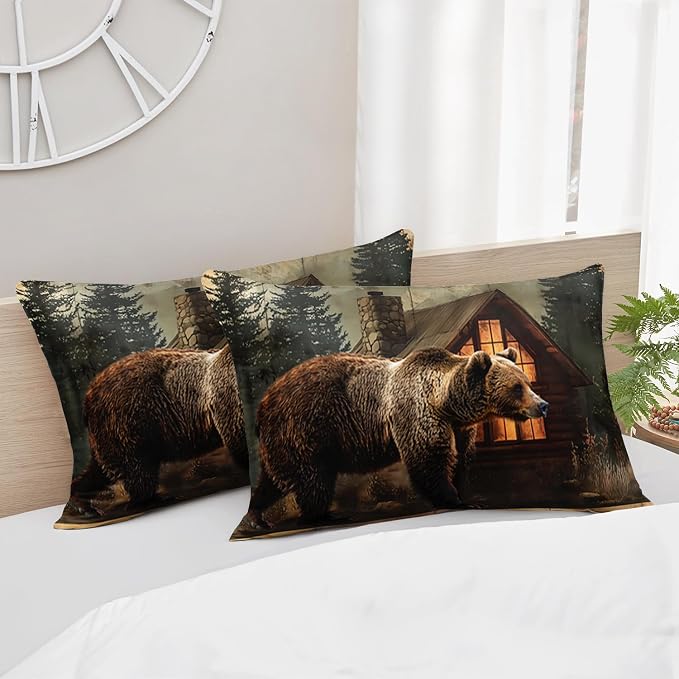 AILONEN Boys Rustic Bear Bedding Set Queen Size,Wildlife Hunting Comforter with 2 Pillowcases,3-Piece Bear Paw Printed Soft Duvet Set