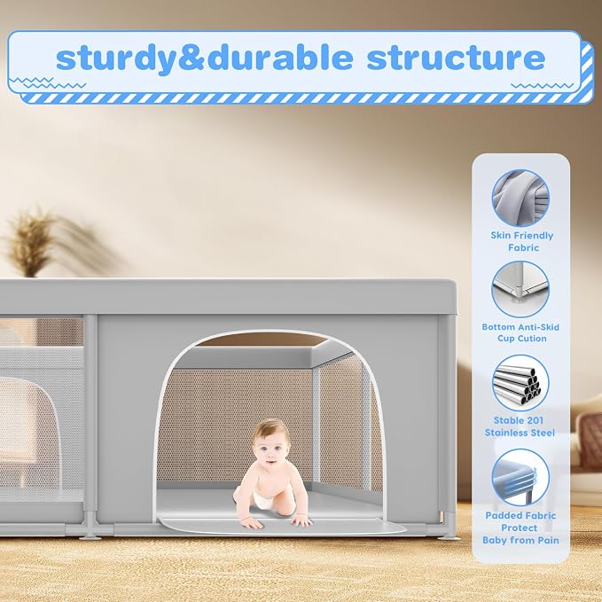 XVISHX Baby Playpen, 79 x 79 Inch Play Pen, Playpen for Babies and Toddlers, Baby Playard for Indoor & Outdoor Active Center Game Fence, with Skin-Friendly Fabric and Soft Breathable Mesh Grey