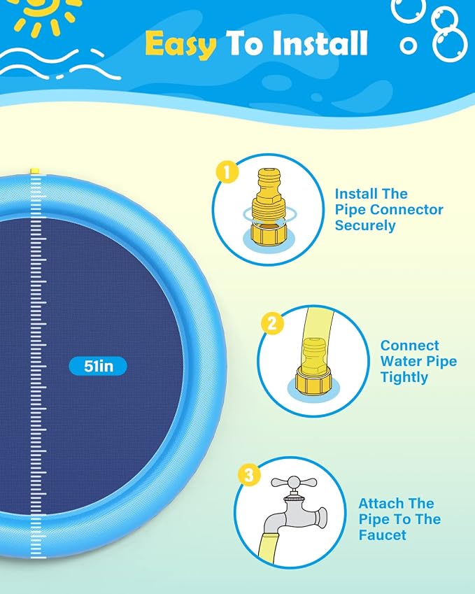 Peteast Splash Pad for Dogs & Kids - Anti-Slip Dog Pool for Large Dogs, 0.58 mm Thickened Durable Outdoor Water Play Mat, Summer Sprinkler Toy for Backyard (51inch)