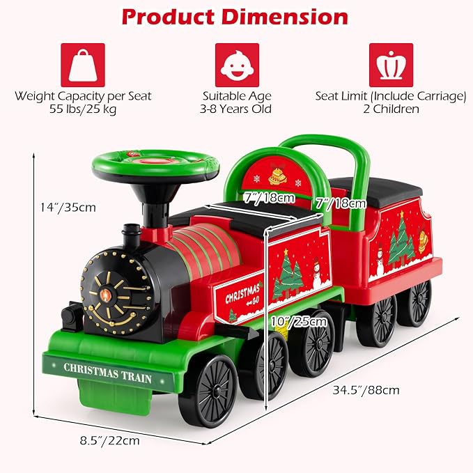 OLAKIDS 6V 2-Seater Ride on Train with Carriage, Storage, Train Whistle, Music, Lights for 18 Months+ (2 Seaters, Christmas)