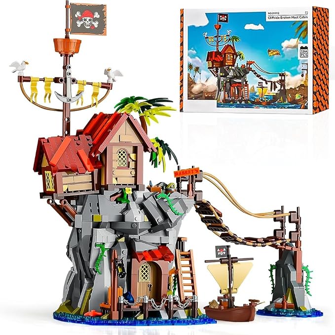 Viking Medieval Pirate's Cliffside Broken Mast Cabin Wharf Building Set House Building Block Toy, Medieval Pirate Ship Architecture Bricks Kit,Gift for Women or Adult 1045pcs