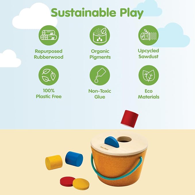 PlanToys® Drop & Fit Bucket | Wooden Shape Matching Toy for Babies 5M+ | Montessori Educational Sorting Toy with 6 Blocks | Develops Hand-Eye Coordination, Shape Sorter & Problem-Solving Skills