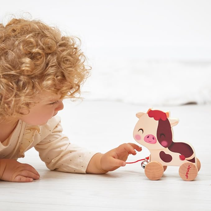 Janod - Wooden Ride-On Cow with Bell - Pull-Along and Push-Along Toy - Motor Skills & Imagination Training - 50cm String Suitable for Small Hands - from 12 Months, J03324