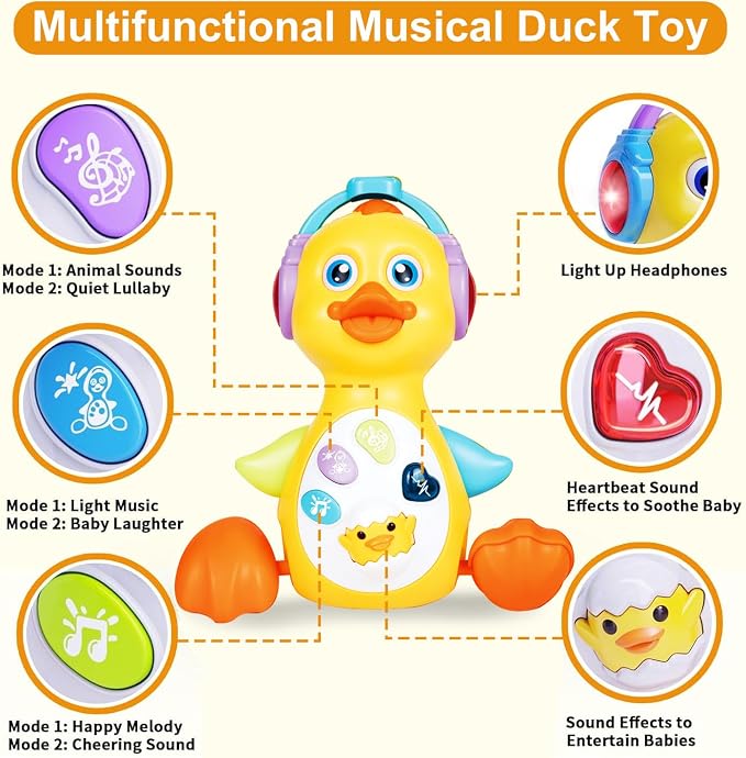 Musical Light Up Duck, Crawling Tummy Time, Educational Learning Dancing Toy for 1 Year Old, 0-3-6-12 Month Baby Infant Gifts