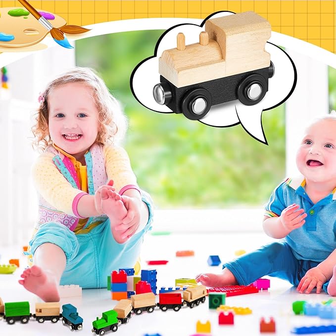 Halloscume 30 Pcs Unfinished Magnetic Wooden Train Cars 5 Styles DIY Unpainted Wood Trains for Paint Crafts Project & Summer Camp, Birthday Party Favors Decorations (Retro)