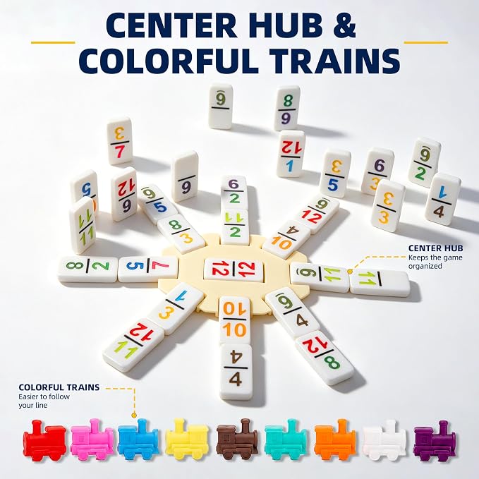 Mexican Train Dominoes Set Double 12 Number Domino Tiles, 91 Colorful Number Dominos Tiles with 8 Wooden Racks, Hub & Trains, Portable Domino Game Set for Adults Kids Families