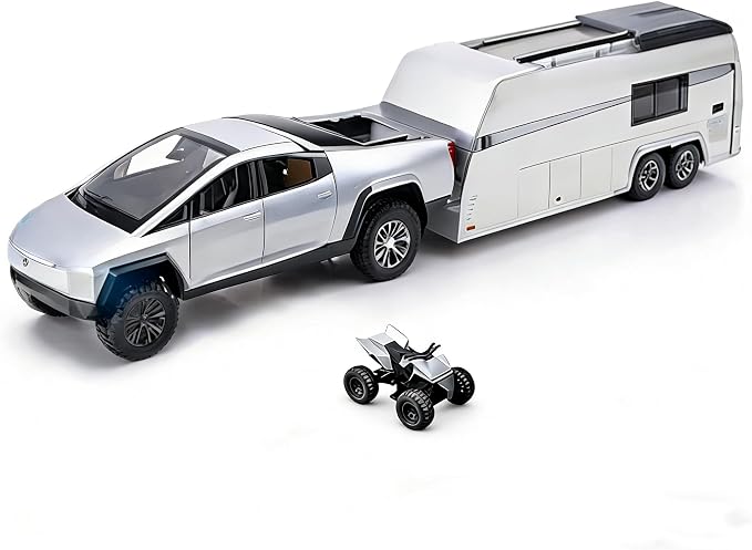 Toy Car Alloy Truck Set with Trailer and Motorcycle Cyberpickup Toy with Sound and Light Effect Pull Back Vehicle RV Toy EV Model Ideal Gift for Kids Boys Girls Adult Age for 3+