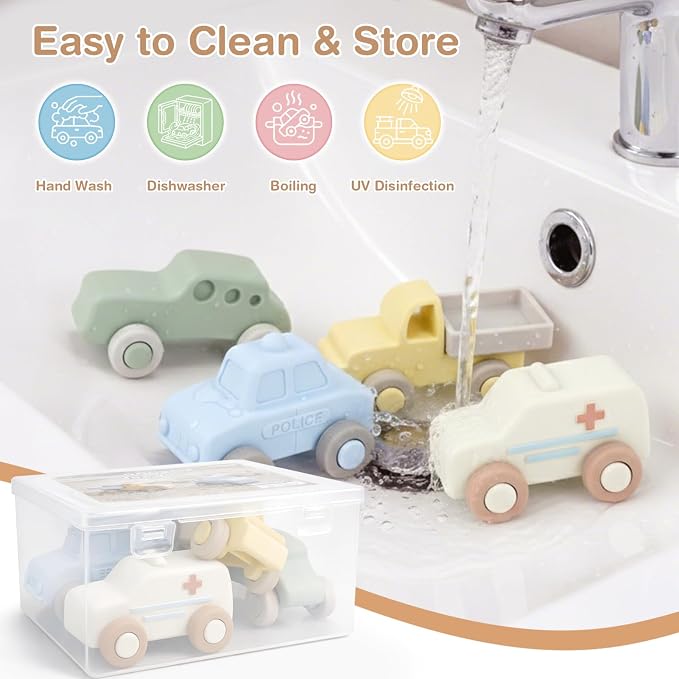 Vanplay Silicone Baby Car Toys with Storage Box - Soft Teething Toys for Babies 6-12 Months, Push & Pull Baby Toys for Toddlers, Birthday Gifts for Boys Girls（4 PCS）