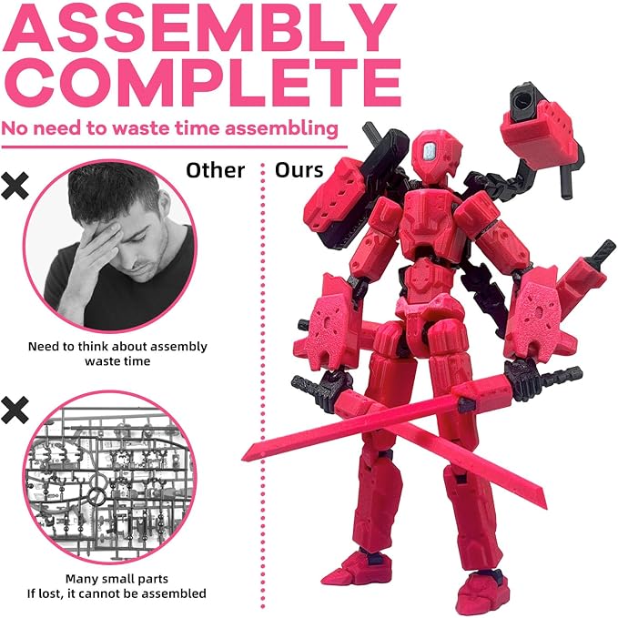 T13 Assembly Completed Action Figure Set, Multi-Jointed Movable 3D Printed Robot Toy, Cool Desktop Decoration Collectible Gift for Game Lovers (Blue and Pink)