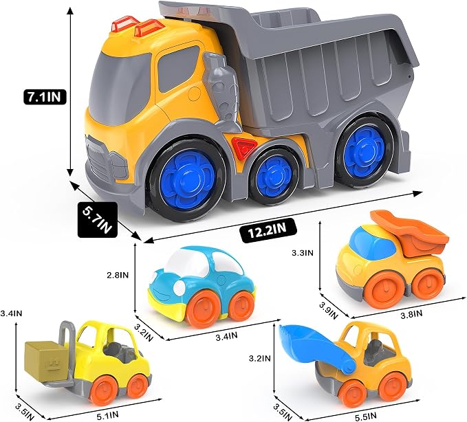 P&C 12.2" Toddler Construction Dump Truck Toys for Ages 2-4, Beach Sand Outdoor Toy Cars Dump Truck Set with Sounds and Lights for Kids 18M+, 2, 3, 4, 5, Ideal Birthday Christmas Gifts for Boys Girls