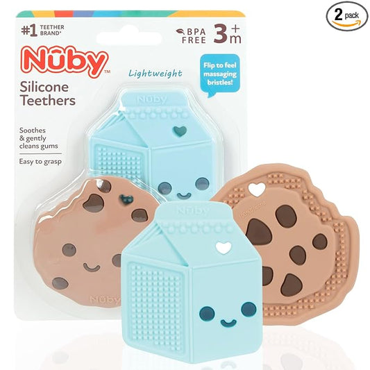 Nuby Chocolate Chip Cookie and Milk Baby Teether for Teething Comfort - Silicone Teether for Babies - Soothes Sore Gums - 3+ Months