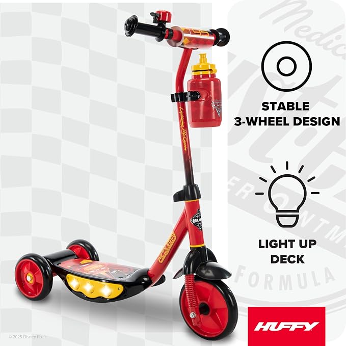 Huffy Toddler 3-Wheel Scooter for Kids, Multiple Colors & Licensed Character Graphics, Ages 3+, Durable Steel Frame, Wide Non-Slip Deck, Stable Lean-to-Steer Design, Light-Up Options, Girls/Boys