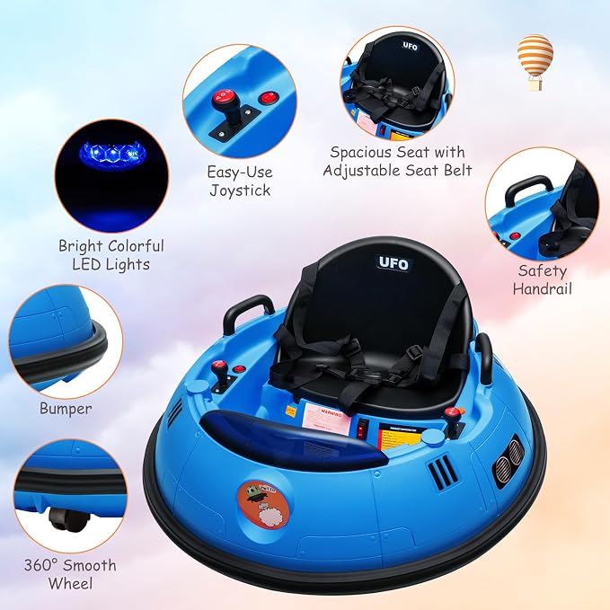 Ride On Bumper Car, 12V Electric Toddlers Car with Remote Control, Safety Belt, Music, Flashing Lights, 360 Degree Spin, Bumper Car for Toddlers,Kids (Blue)