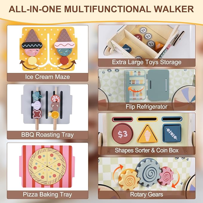 Wooden Baby Walker with Wheels, Montessori Kitchen Walking Toys, Pretend Play Grocery Toys, Sorting and Stacking Toys for Infants and Toddlers, Push and Pull Learning Activity Walkers