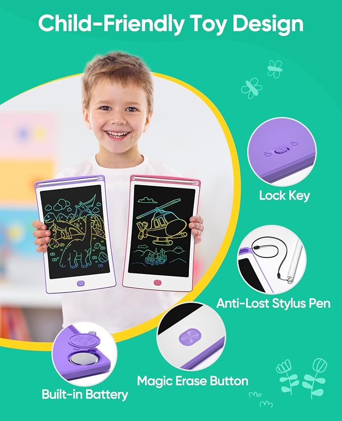 4 Pack LCD Writing Tablet, 8.5 Inch Colorful Toddlers Drawing Tablet for Kids, Creative Doodle Board Drawing Pad, Toy Birthday Gift for 3-6 Year Old Girls Boys (Purple&Purple&Pink&Pink)