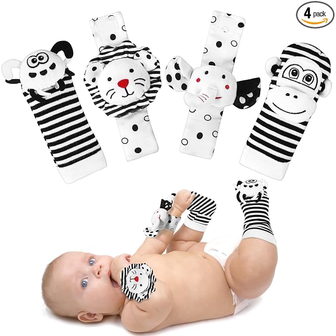 Baby Socks & Wrist Rattles Toys for 0-12 Month,Black And White High Contrast Baby Toys 0-6 Months,Baby Boy Girl Gifts 0-3 3-6month Toy,2 3 4 Month Old Baby Toys,Infant Sensory Newborn Toys