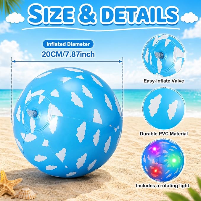 Vinsot 12 Pack Light up Inflatable Beach Ball 7.87" Blue Sky White Clouds LED Beach Balls for Kids, Motion Activated Glow in The Dark Swimming Pool Toys, Birthday Party Favors
